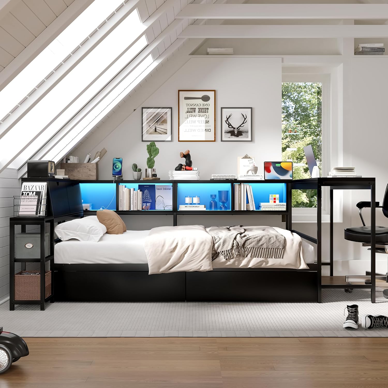 Bellemave Twin Corner Bed Frame with Desk and Storage, Twin Captains Bed with Charging Station,LED Light, Wood Daybeds with L-Shaped Bookcase and 2 Drawers, Black