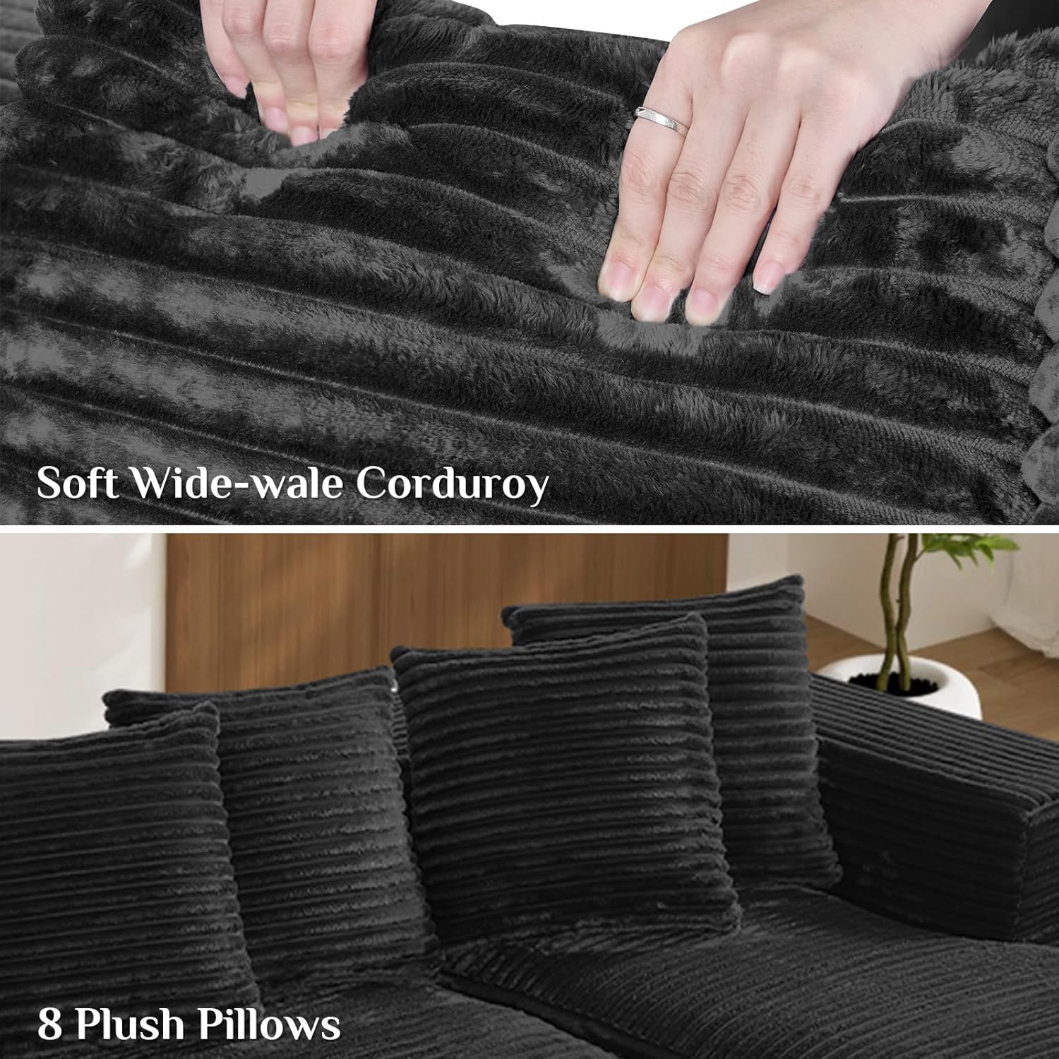 131" Oversized U Shaped Cloud Sectional Couches for Living Room, Comfy Fluffy Corduroy Black Boneless Sectionals Couch, Plush Memory Foam Modular Sectional Sofa with Double Chaise- 20" High Seat