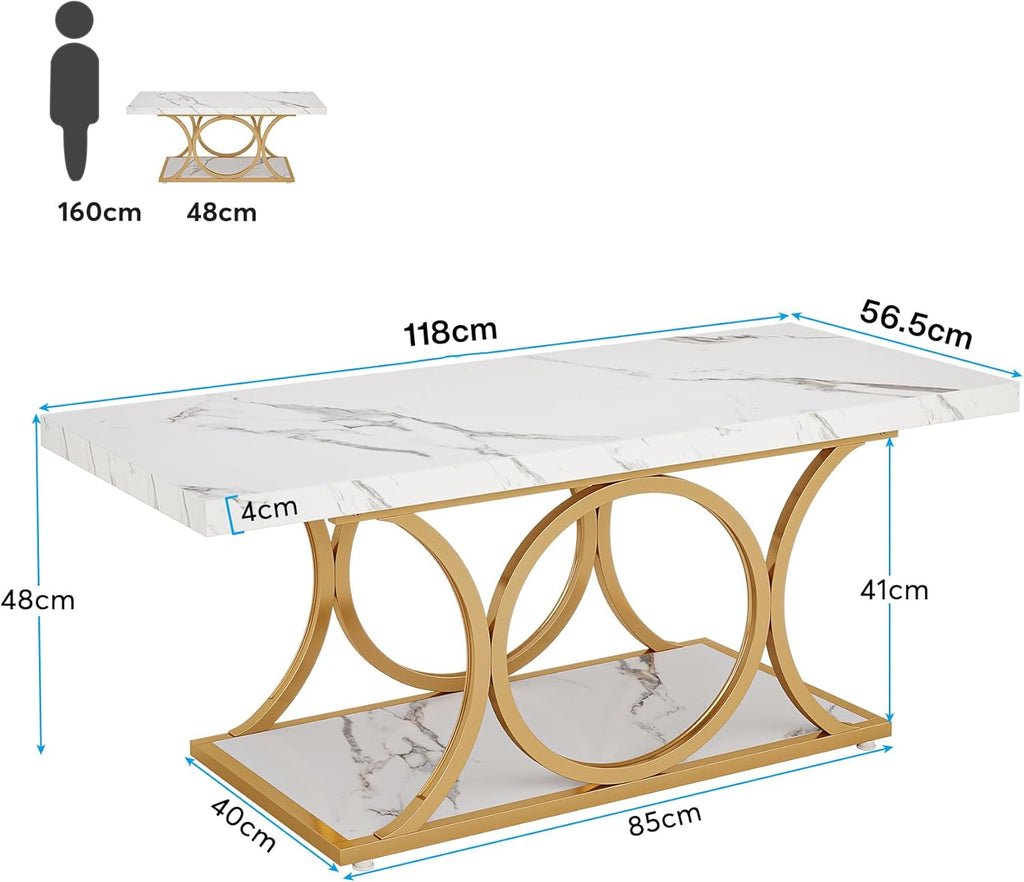 Tribesigns 46.45” Rectangle Coffee Table, Modern Coffee Tables for Living Room, 2-Tier Faux Marble Wood Coffee Table with Geometric Legs, Furniture with Storage Shelf (White & Gold)