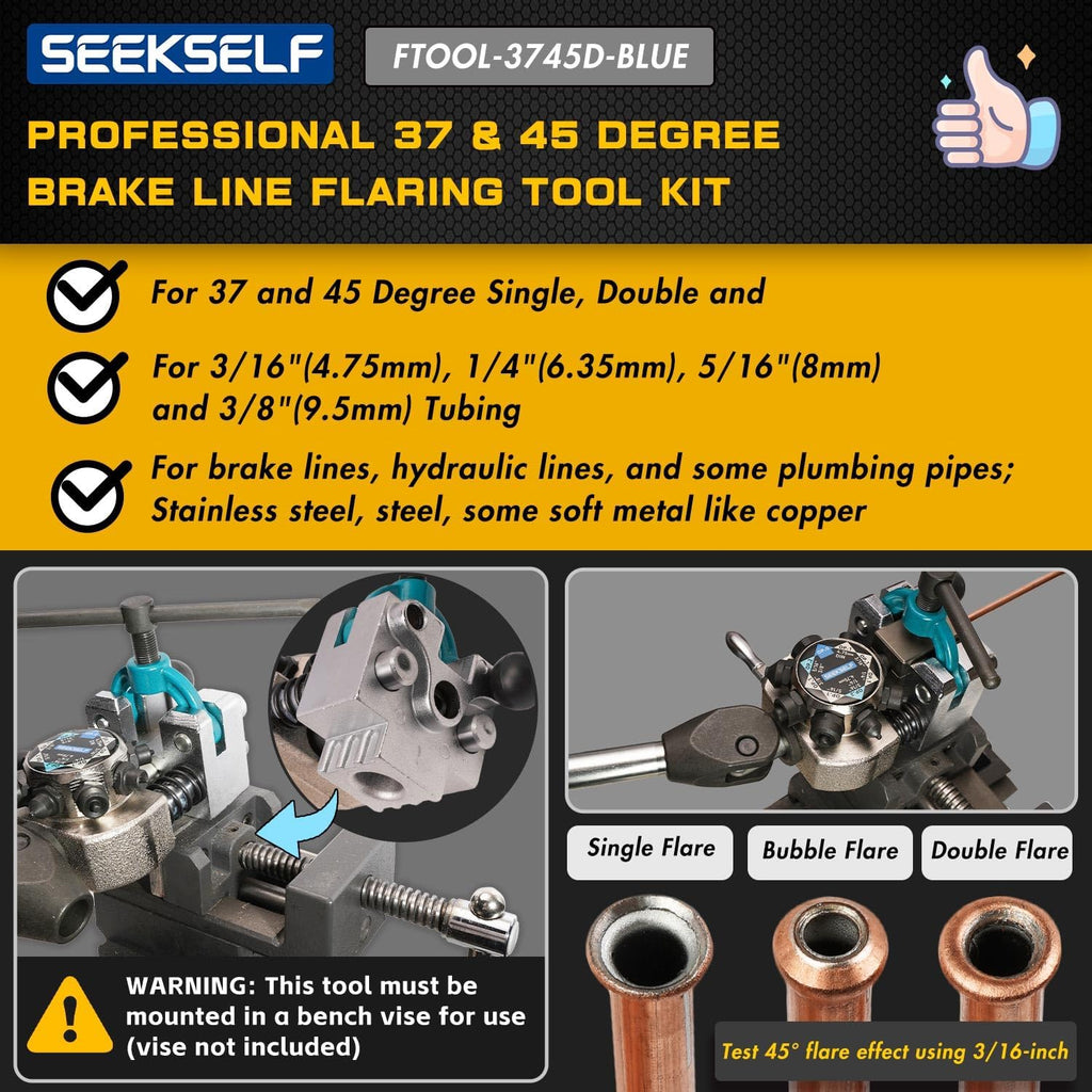 Professional Brake Line Flaring Tool Kit for 45 & 37 Degree Single, Double and Bubble Flares, 3/16", 1/4", 5/16", 3/8" and 4.75mm Steel Copper Metal Tubing