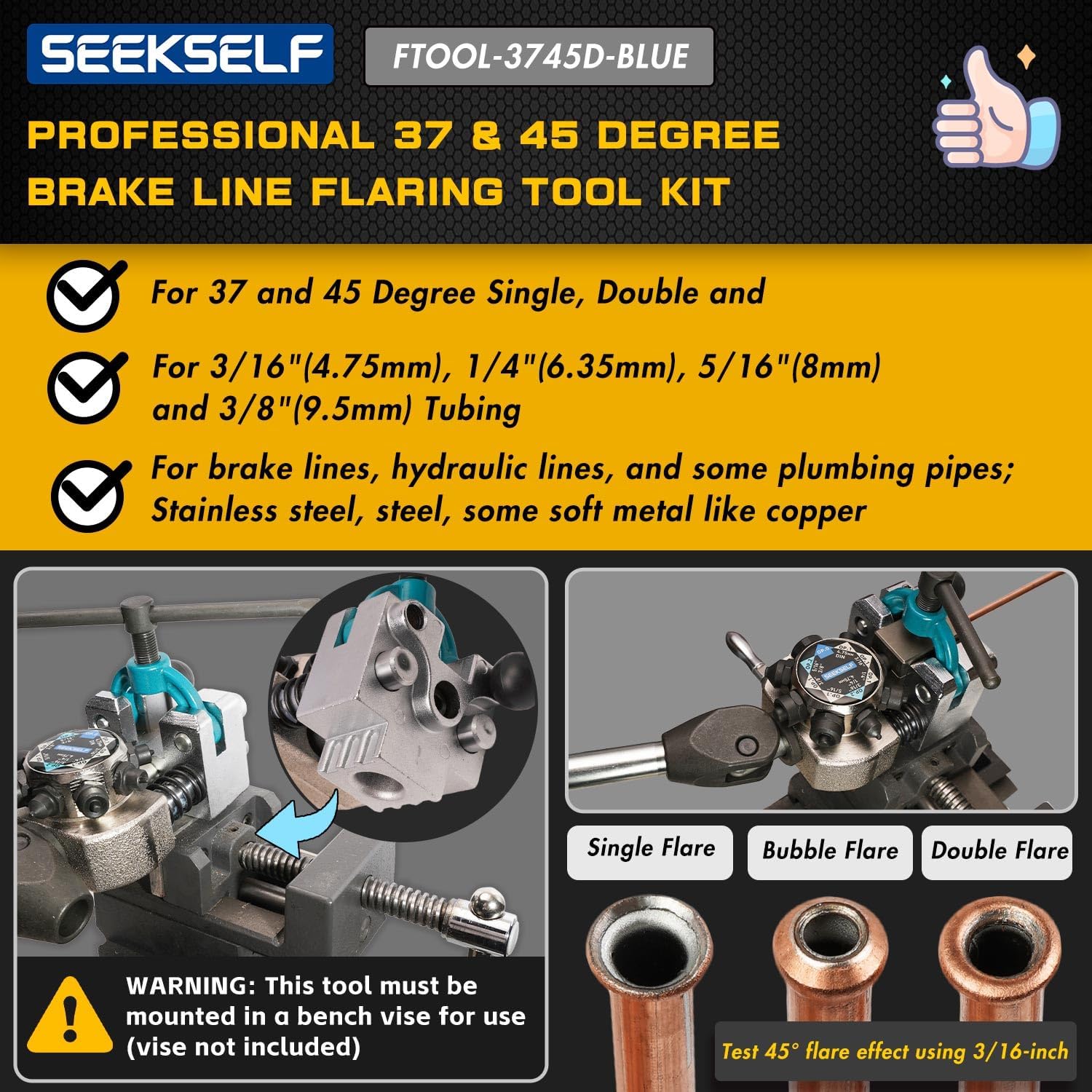 Professional Brake Line Flaring Tool Kit for 45 & 37 Degree Single, Double and Bubble Flares, 3/16", 1/4", 5/16", 3/8" and 4.75mm Steel Copper Metal Tubing
