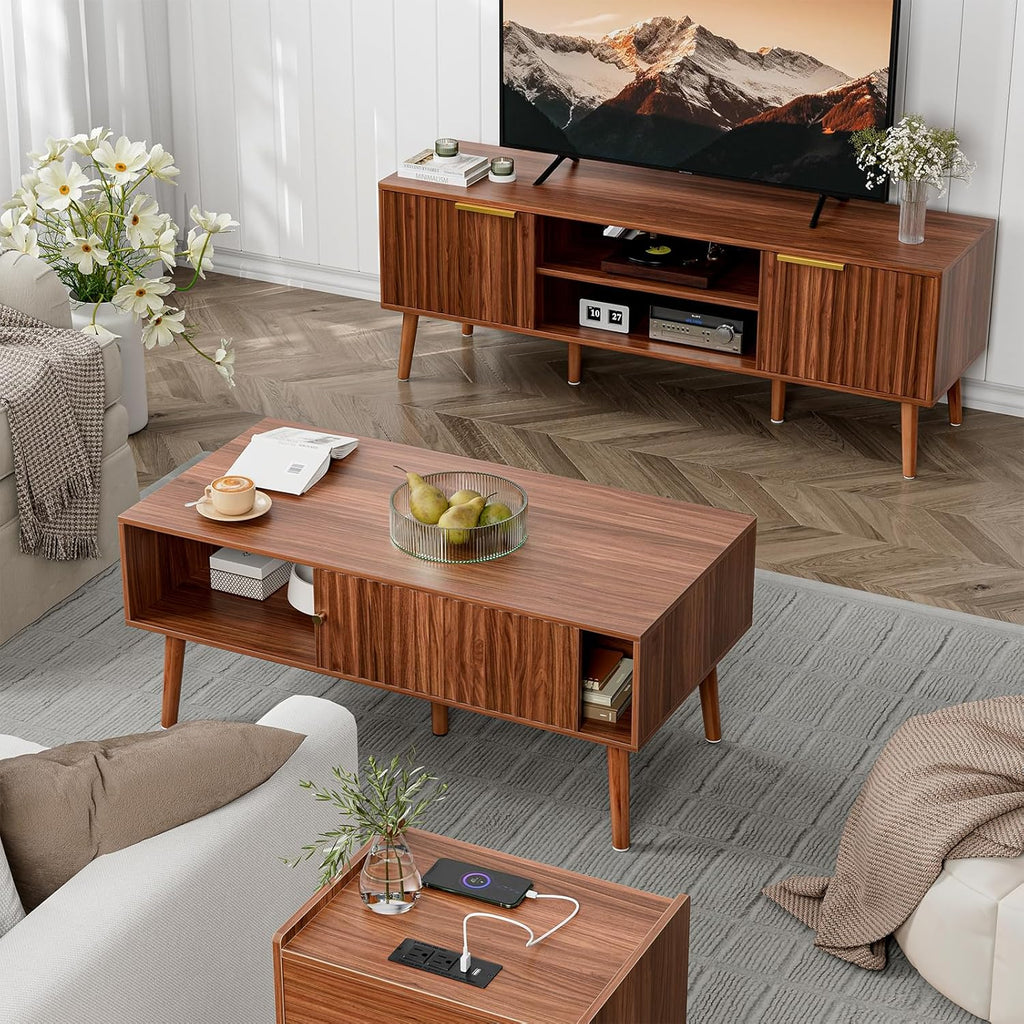 LCRBOL Coffee Table with Storage, Mid Century Dining Table with Sliding Fluted Door and Solid Wood Legs, Small Coffee Tables for Living Room, Walnut