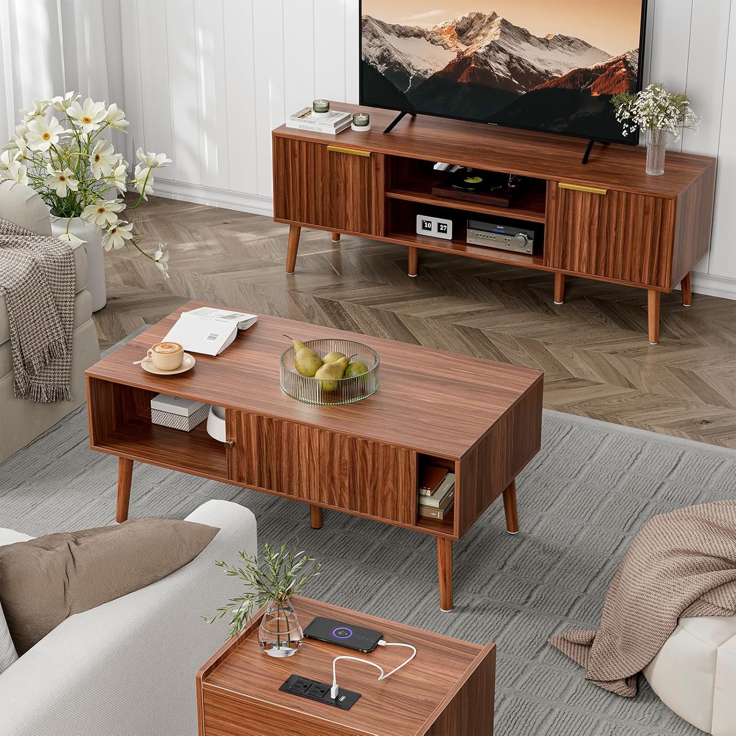LCRBOL Coffee Table with Storage, Mid Century Dining Table with Sliding Fluted Door and Solid Wood Legs, Small Coffee Tables for Living Room, Walnut