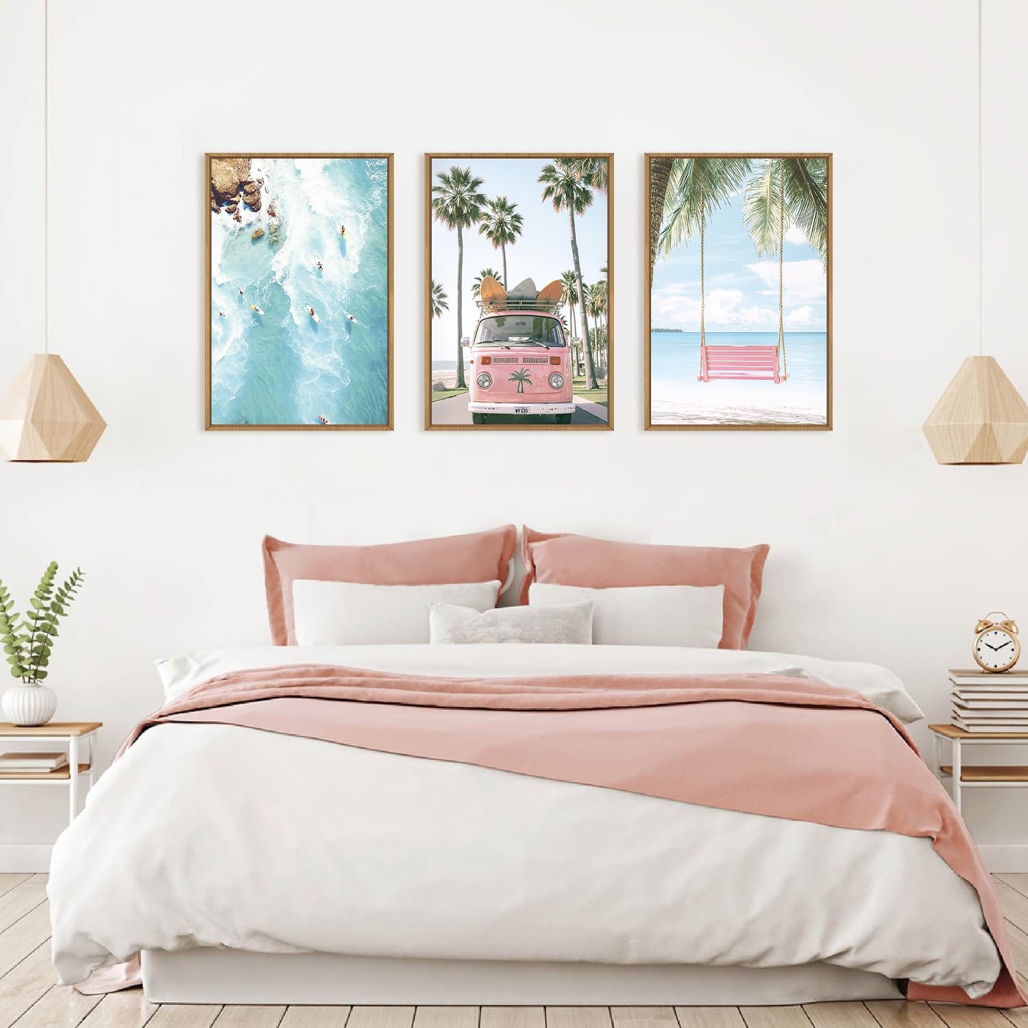 Large Summer Beach Surfing Scene Framed Canvas Wall Art Set,Coastal Pink Van and Surfboards Wall Decor,Trendy Beach Swing Palm Trees Artwork for Living Room,Bedroom-24 x36 x3