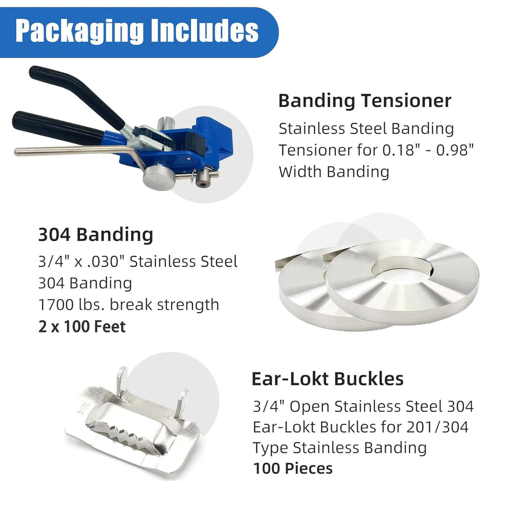 Banding Strapping kit, Stainless Pallet Strapping Kit, Metal Banding Tool, 200 ft Length 304 Stainless Steel Strapping, 100 Metal Buckle and A Pair Cut Resistant Gloves