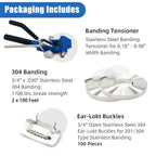 Banding Strapping kit, Stainless Pallet Strapping Kit, Metal Banding Tool, 200 ft Length 304 Stainless Steel Strapping, 100 Metal Buckle and A Pair Cut Resistant Gloves