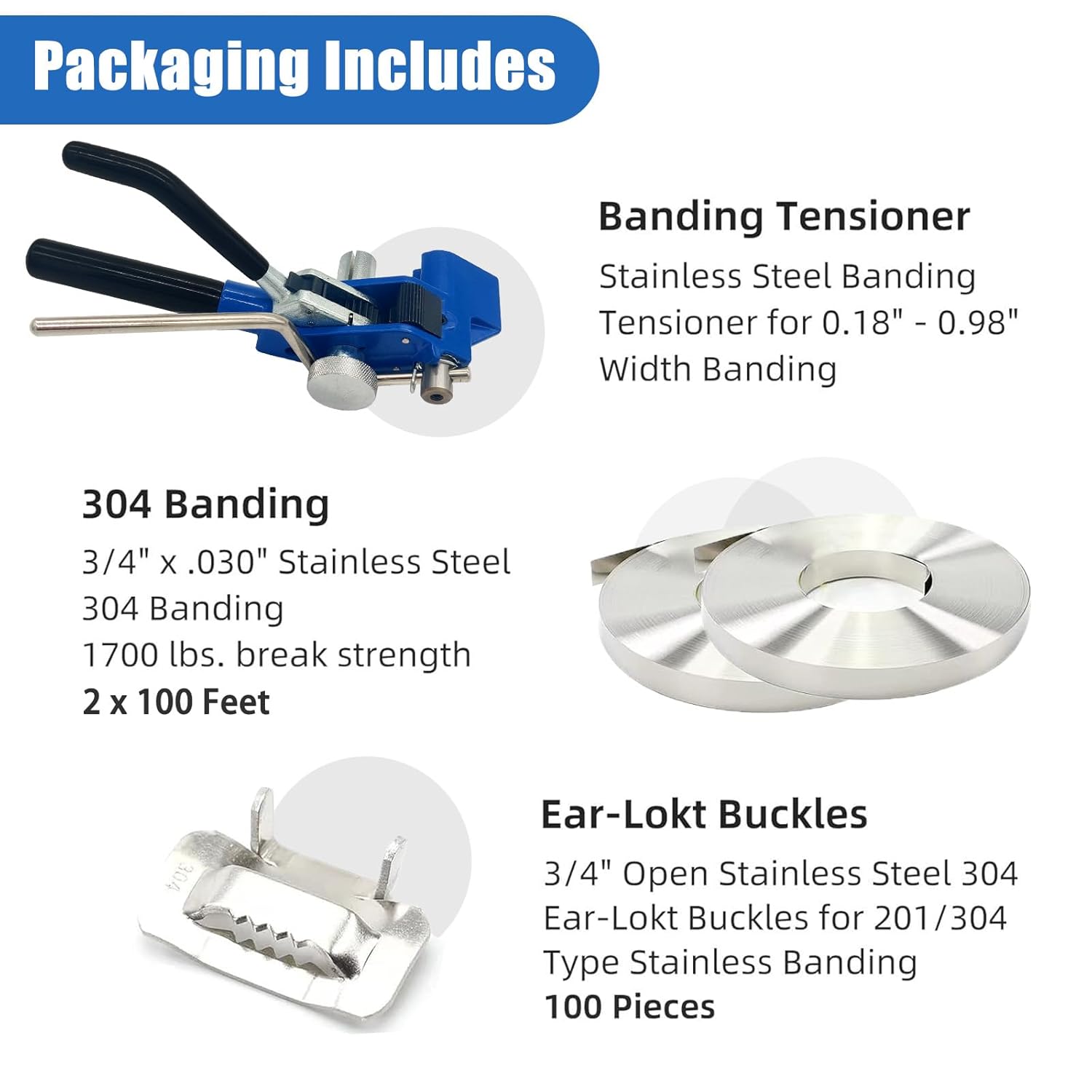 Banding Strapping kit, Stainless Pallet Strapping Kit, Metal Banding Tool, 200 ft Length 304 Stainless Steel Strapping, 100 Metal Buckle and A Pair Cut Resistant Gloves