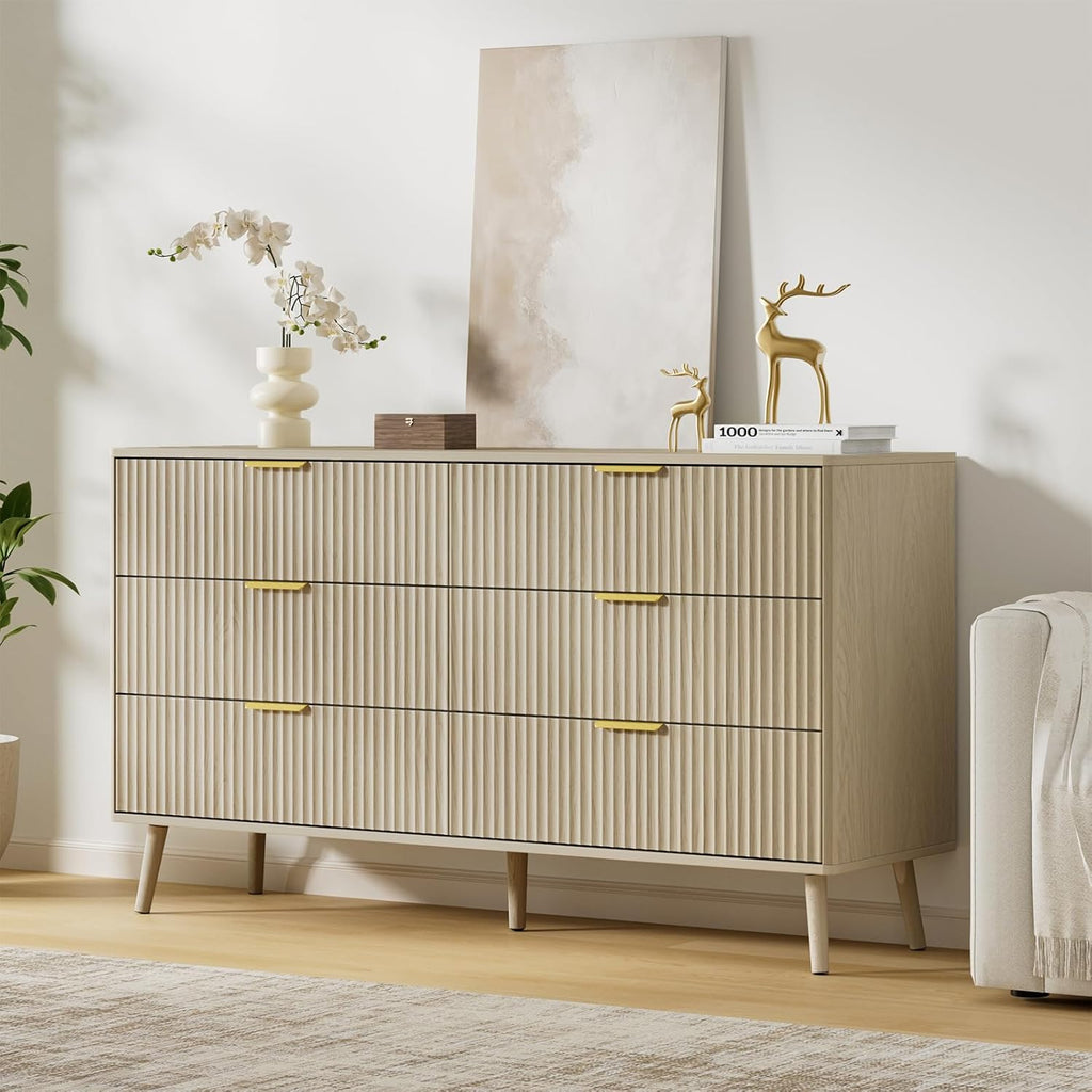 LYNSOM 55" Wide Fluted Dresser for Bedroom with 6 Drawer, Modern Chest of Drawers with Curved Profile Design and Metal Handles, Wood Dresser TV Stand & Storage Organizer for Living Room, Beige