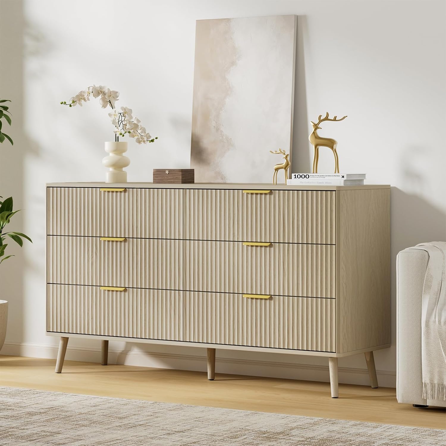 LYNSOM 55" Wide Fluted Dresser for Bedroom with 6 Drawer, Modern Chest of Drawers with Curved Profile Design and Metal Handles, Wood Dresser TV Stand & Storage Organizer for Living Room, Beige