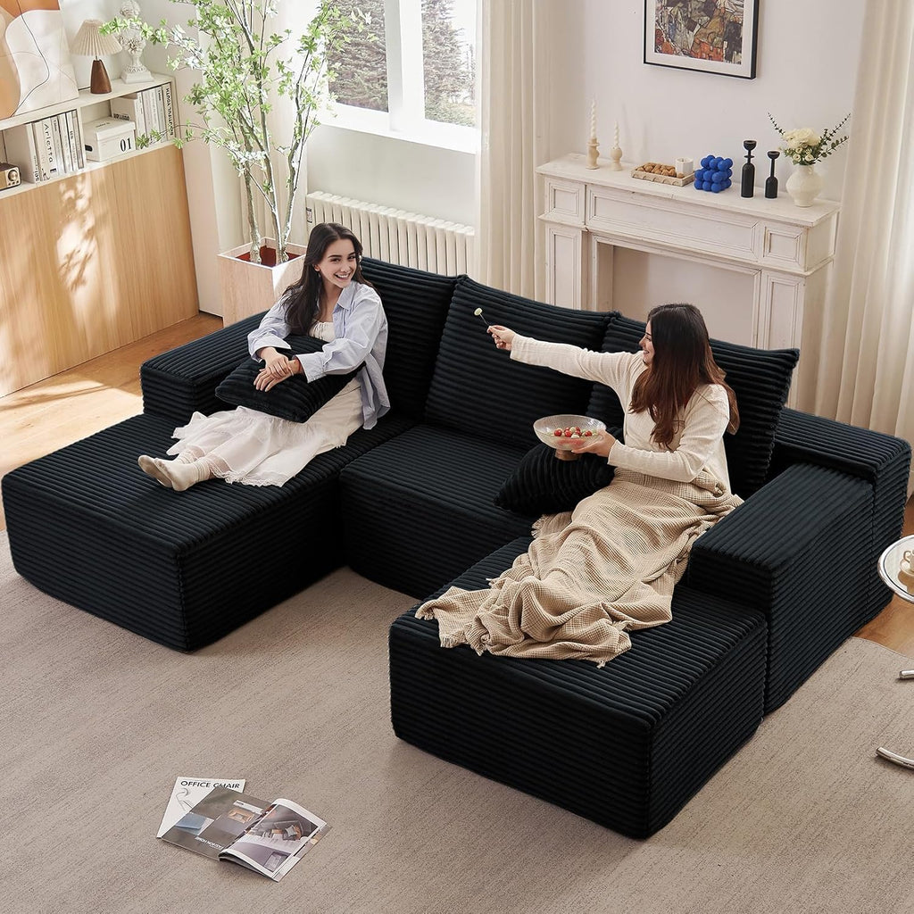 107" Cloud Modular Sectional Couches, Modern Convertible U Shaped Couch, 3 Seat Corduroy Comfy Deep Seat Sectional Sofa Oversize Deep Seat Sofa