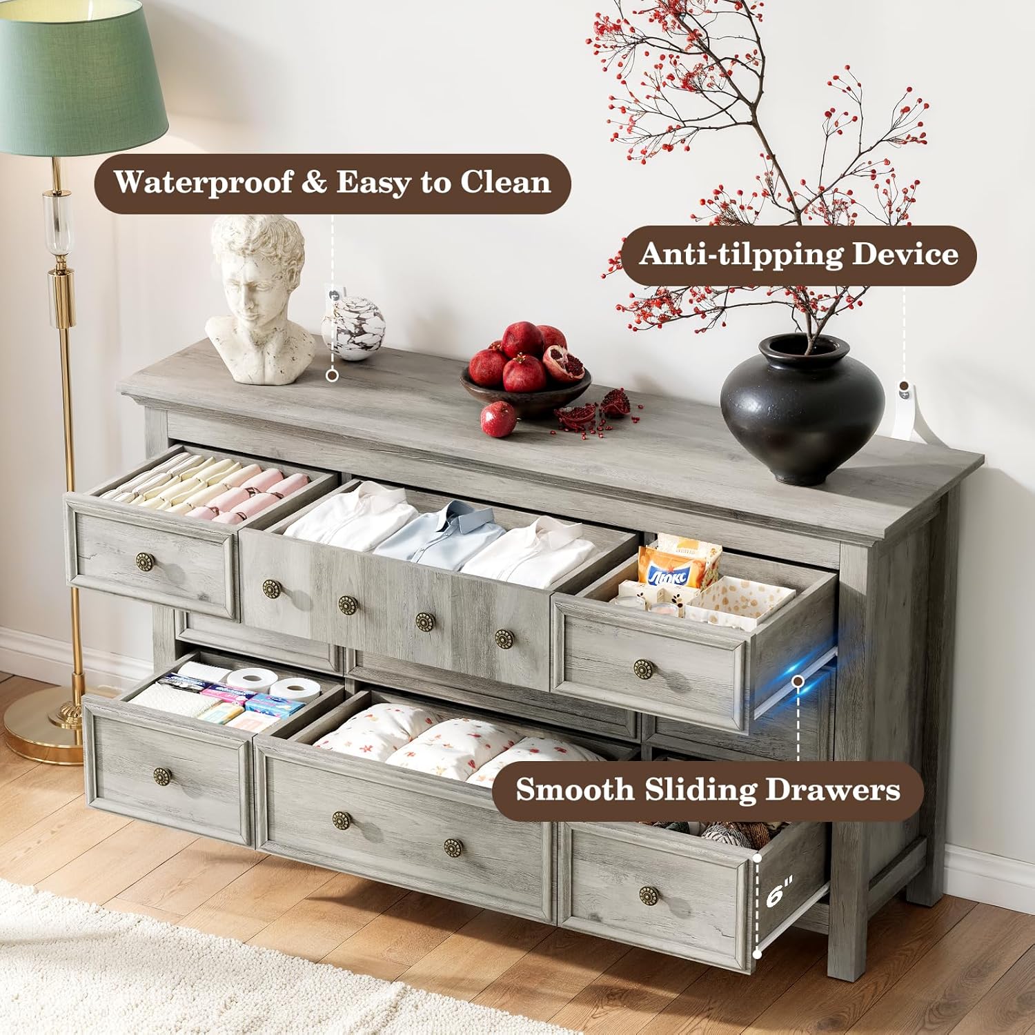 LGHM Dressers for Bedroom with 9 Drawers, 9 Drawer Dresser with Textured Borders, 58" W Chest of Drawers Closet Organizers and Storage Clothes - 6" Deep Drawer for Bedroom, Living Room,Gray