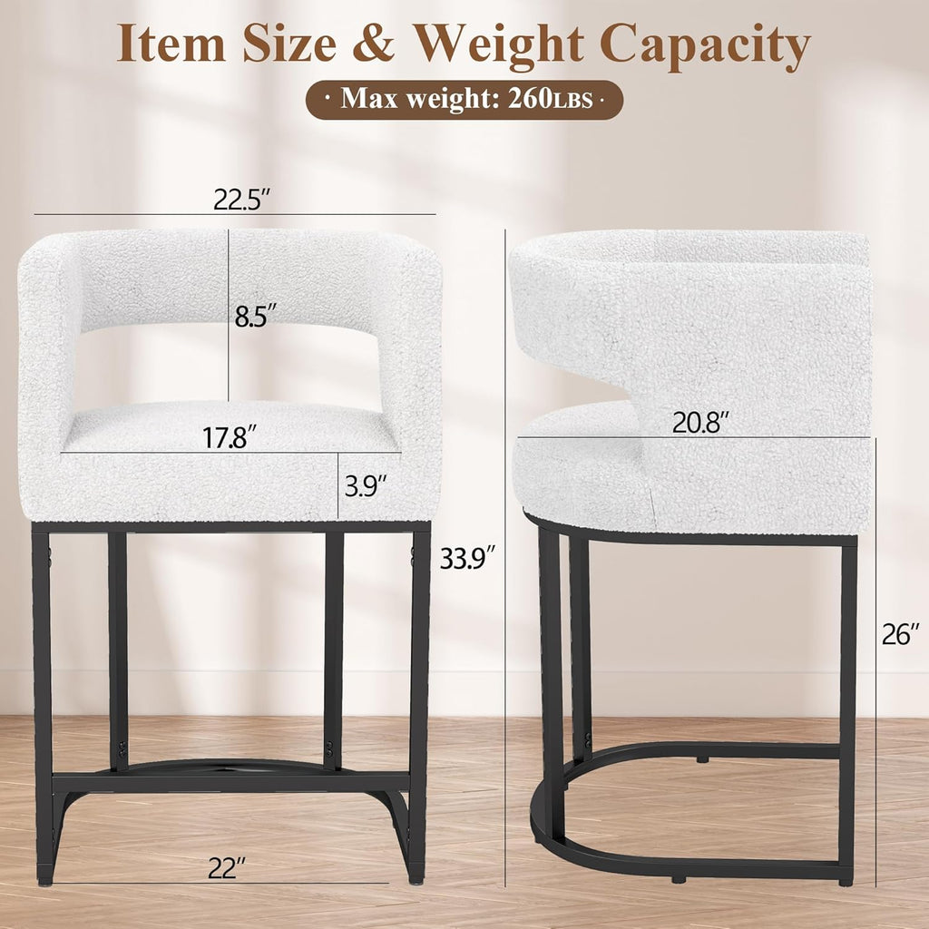 Westice Bar Stools Set of 3, 26” Seat Height Counter Height Stools with Curved Backrest, Barrel Sherpa Fabric Bar Chairs with Metal Frames, Upholstered Chairs for Kitchen Island, Pub, Club, Beige