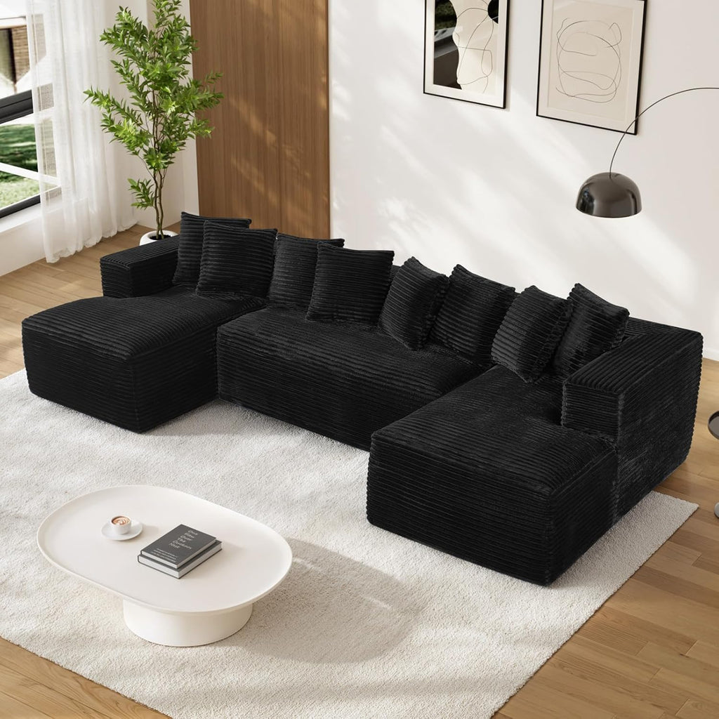 131" Oversized U Shaped Cloud Sectional Couches for Living Room, Comfy Fluffy Corduroy Black Boneless Sectionals Couch, Plush Memory Foam Modular Sectional Sofa with Double Chaise- 20" High Seat