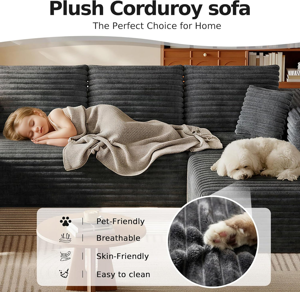 134.6" Modular Sectional Sofa with Deep Seat, Boneless U Shaped Corduroy Couch Modern Comfort, Cloud Couch Oversized for Living Room No Assembly (Gray)