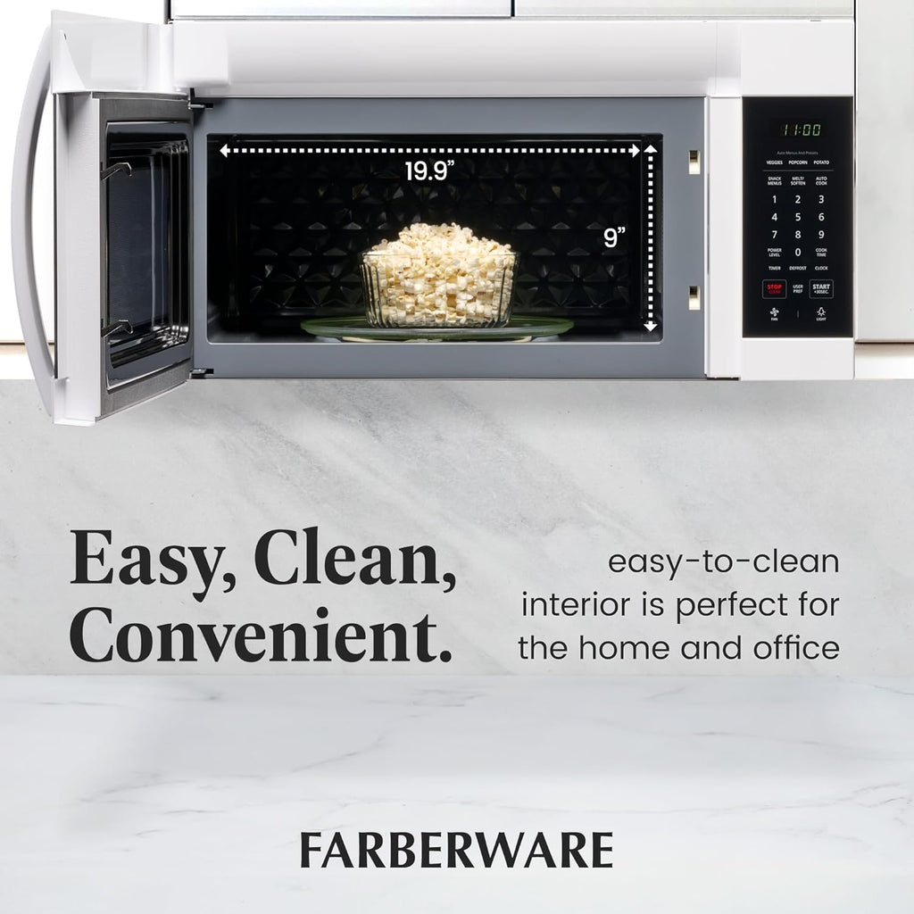 Farberware 1.7 Cu. Ft. Over-the-Range Microwave Oven – 1000 Watts Power, Auto Cook Settings, Defrost, Easy Clean and Child Safety Lock - White