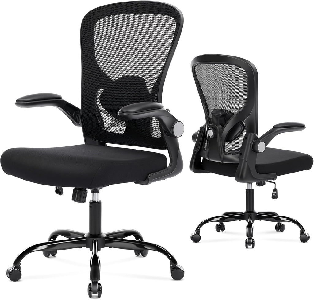 Ergonomic Office Chair, Computer Desk Chair with Adjustable Lumbar Support, Breathable Mesh Office Chair with Flip-up Armrests, Rocking Function, Comfy Home Office Desk Chair, Black