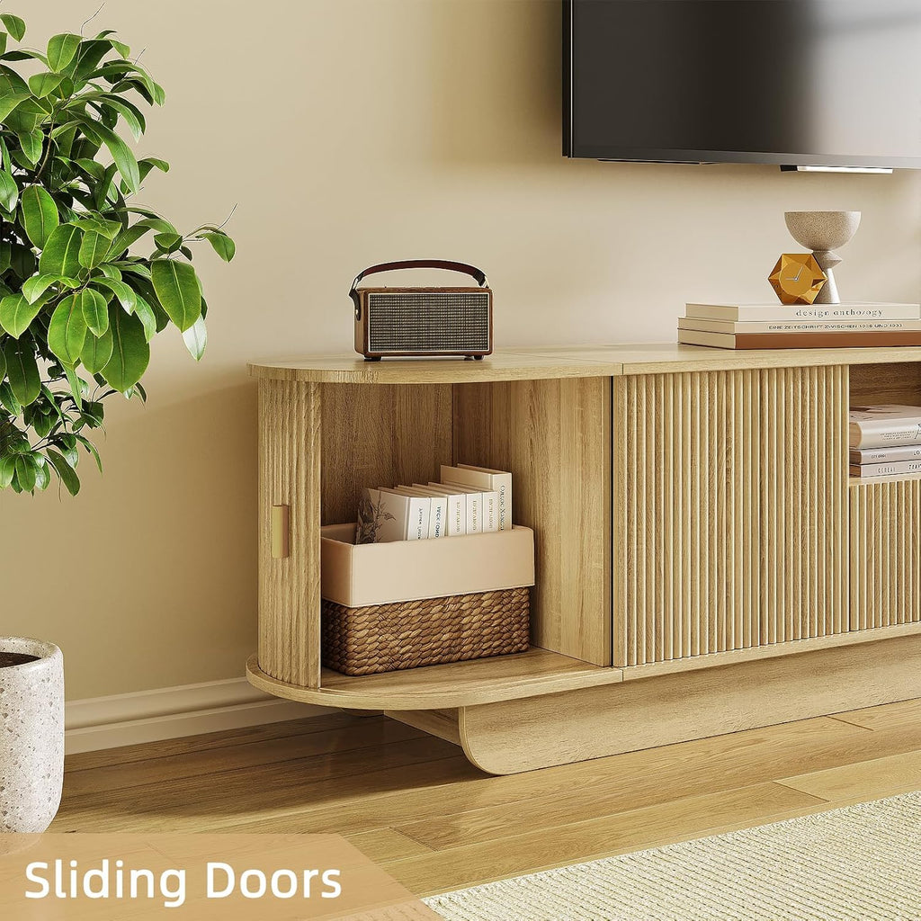 86.61'' Tambour TV Stand for 55-85 Inch, Modern Entertainment Center with Large Storage Cabinet & Open Shelves, TV Console with Sliding Doors for Living Room, Bedroom, Natural