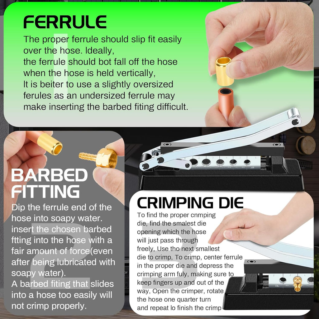 Heavy Duty Standard Hose Crimper, Hose Crimping Tool, with Ferrules (50PK) 0.593 Inch ID x 1 Inch & 0.656 Inch ID x 1 Inch for 1/4, 5/16, 3/8 Inch PVC and rubber hoses, Air Hose Crimping Tool
