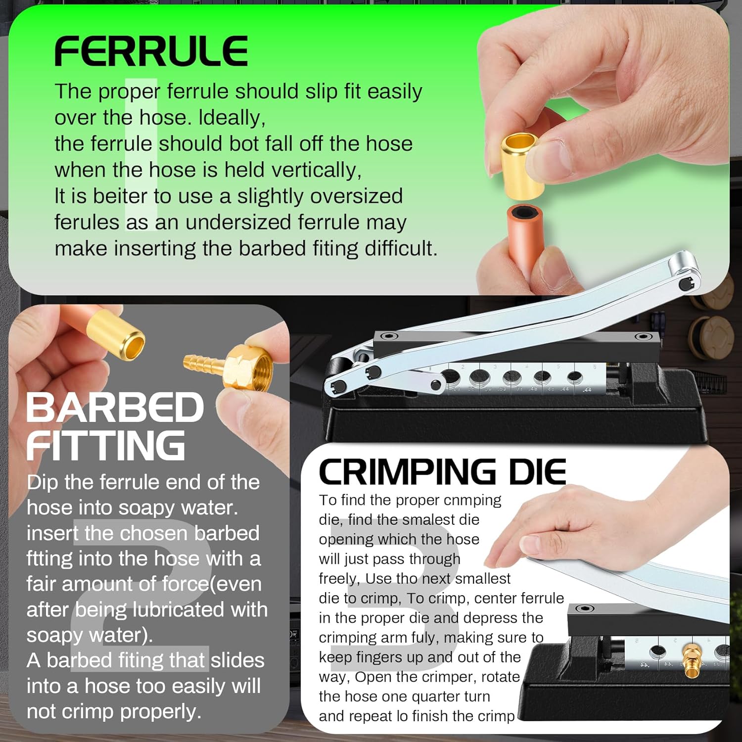 Heavy Duty Standard Hose Crimper, Hose Crimping Tool, with Ferrules (50PK) 0.593 Inch ID x 1 Inch & 0.656 Inch ID x 1 Inch for 1/4, 5/16, 3/8 Inch PVC and rubber hoses, Air Hose Crimping Tool