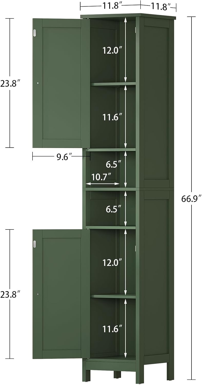 TEENFON 67" Tall Bathroom Cabinet with Adjustable Shelves and Doors, Narrow Bathroom Storage Cabinet for Small Space, Living Room, Entryway, Kitchen, Green