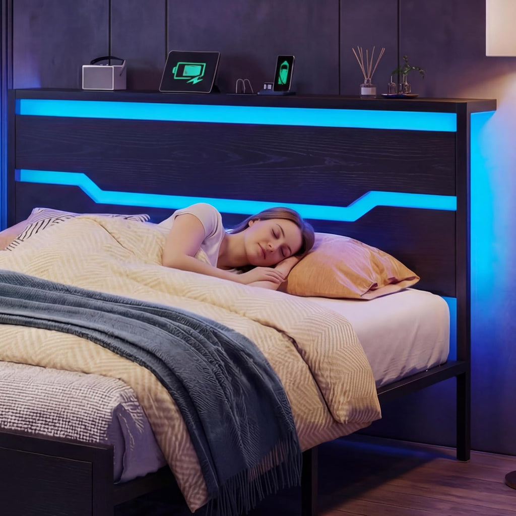 Queen Bed Frame with LED Lights & Charging Station, Bed Frame Queen Size with Headboard,13" Under Bed Storage, Noise-Free Heavy Duty Metal Support, Modern Black