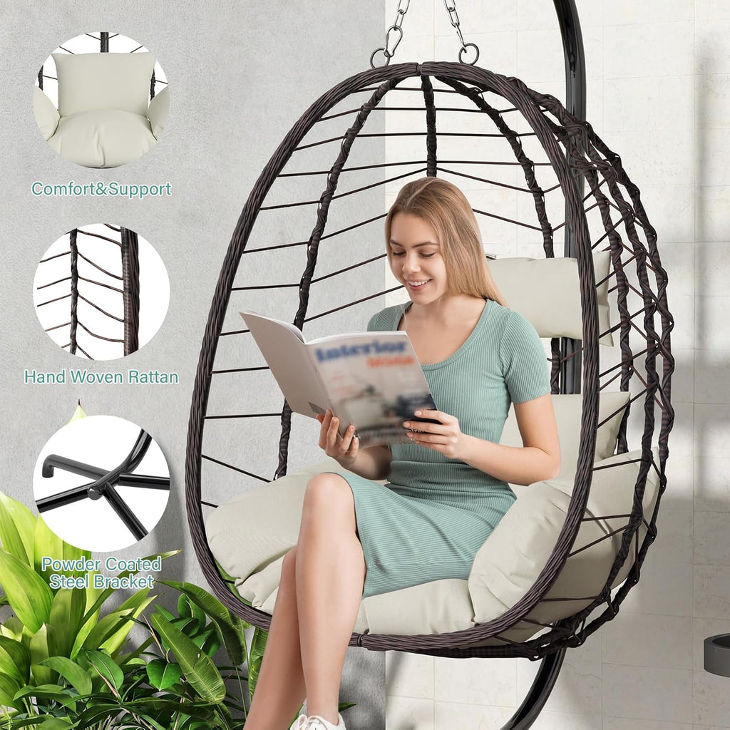 LEX CRAFT Hanging Egg Chair with Stand, Swinging Egg Chair Outdoor Indoor, Hanging Basket Chair with Cushion, Patio Wicker Hammock Chair 350lbs Capacity for Porch, Balcony, Backyard, Garden (Beige)