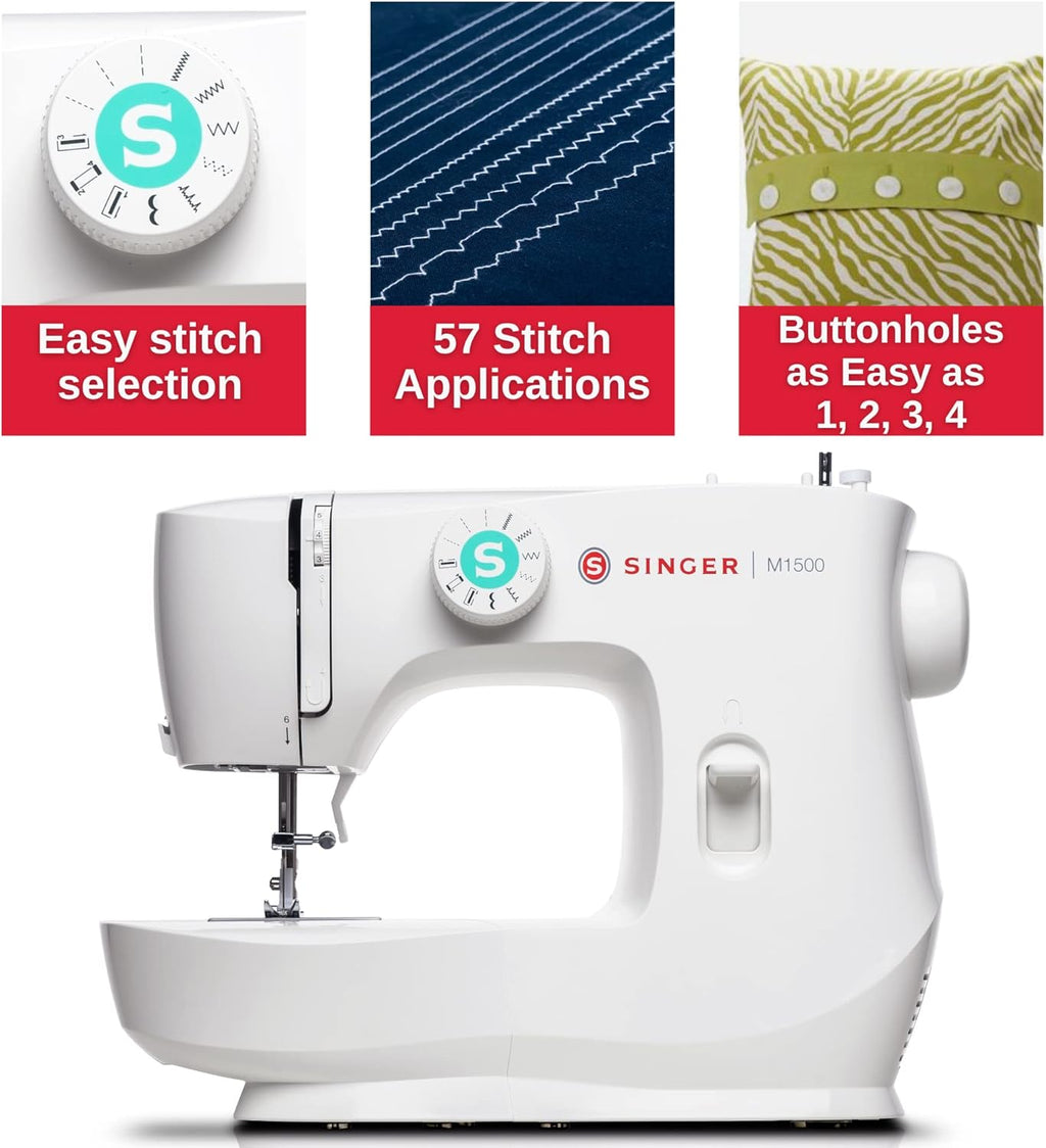 SINGER® M1500 Sewing Machine +Accessory Kit | 6 Built-In Stitches Deliver 57 Stitch Applications | Lightweight & Portable |LED Light & 4-step Buttonhole | Great for Quilting, Crafts & Mending