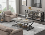 LVB Gray Coffee Table, Farmhouse Wood Metal Center Table with Storage for Living Room, Industrial Wooden 2 Tier Rectangle Cocktail Tea Table with Mesh Shelf for Office Bedroom, 47 inch, Light Grey Oak
