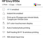 HP Envy 6155e Wireless All-in-One Color Inkjet Printer, Portobello, Print, scan, copy, Duplex printing Best-for-home, 3 month Instant Ink trial included, AI-enabled (714L5A)