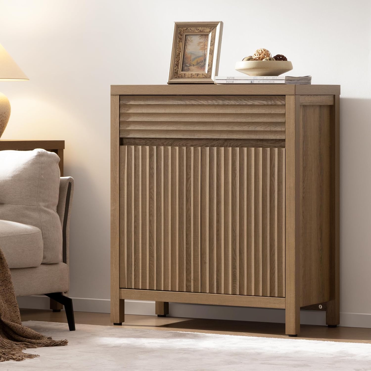 SICOTAS Fluted Buffet Cabinet with Storage - 87" Large Sideboard Modern Storage Cabinet Accent Coffee Bar Console Table with Drawers & Adjustable Shelves for Kitchen Living Room Entryway, Caramel Oak