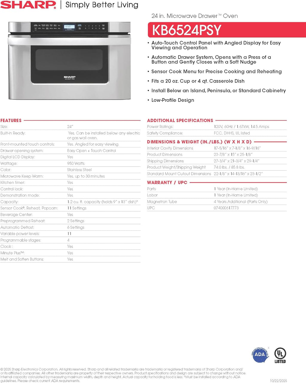 SHARP KB6524PSY Microwave Drawer Oven, 24-inch, 1.2 Cubic Feet, 950 Watt, Angled Touch Control Panel, Stainless Steel