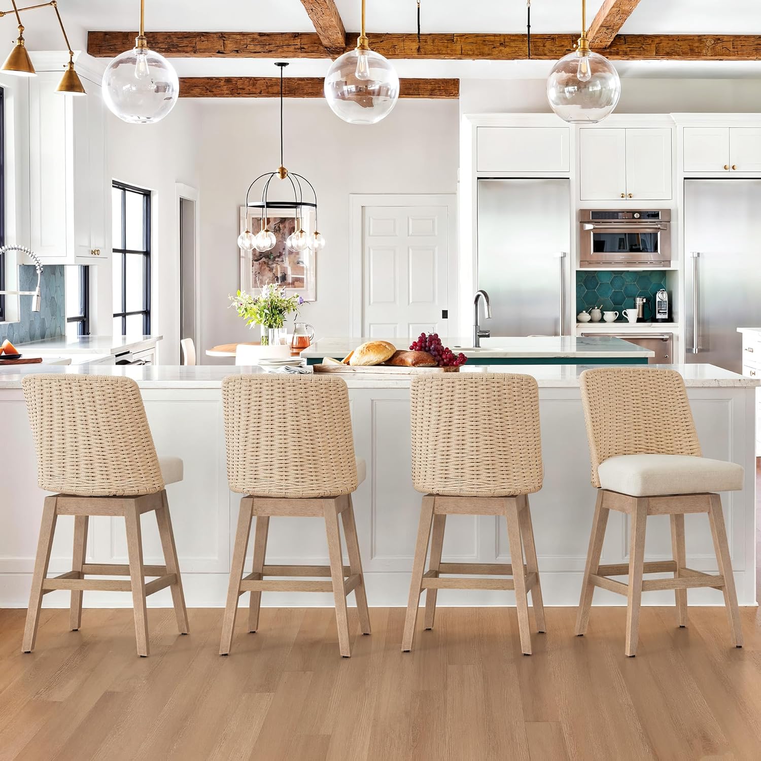 LUE BONA Rattan Bar Stools Set of 4, 27” Swivel Wooden Bars Stools with Thick Linen Seat, Handwoven Back & Wooden Leg, Counter Height for Kitchen Island, Apricot