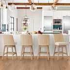 LUE BONA Rattan Bar Stools Set of 3, 27” Swivel Wooden Bars Stools with Thick Linen Seat, Handwoven Back & Wooden Leg, Counter Height for Kitchen Island, Apricot