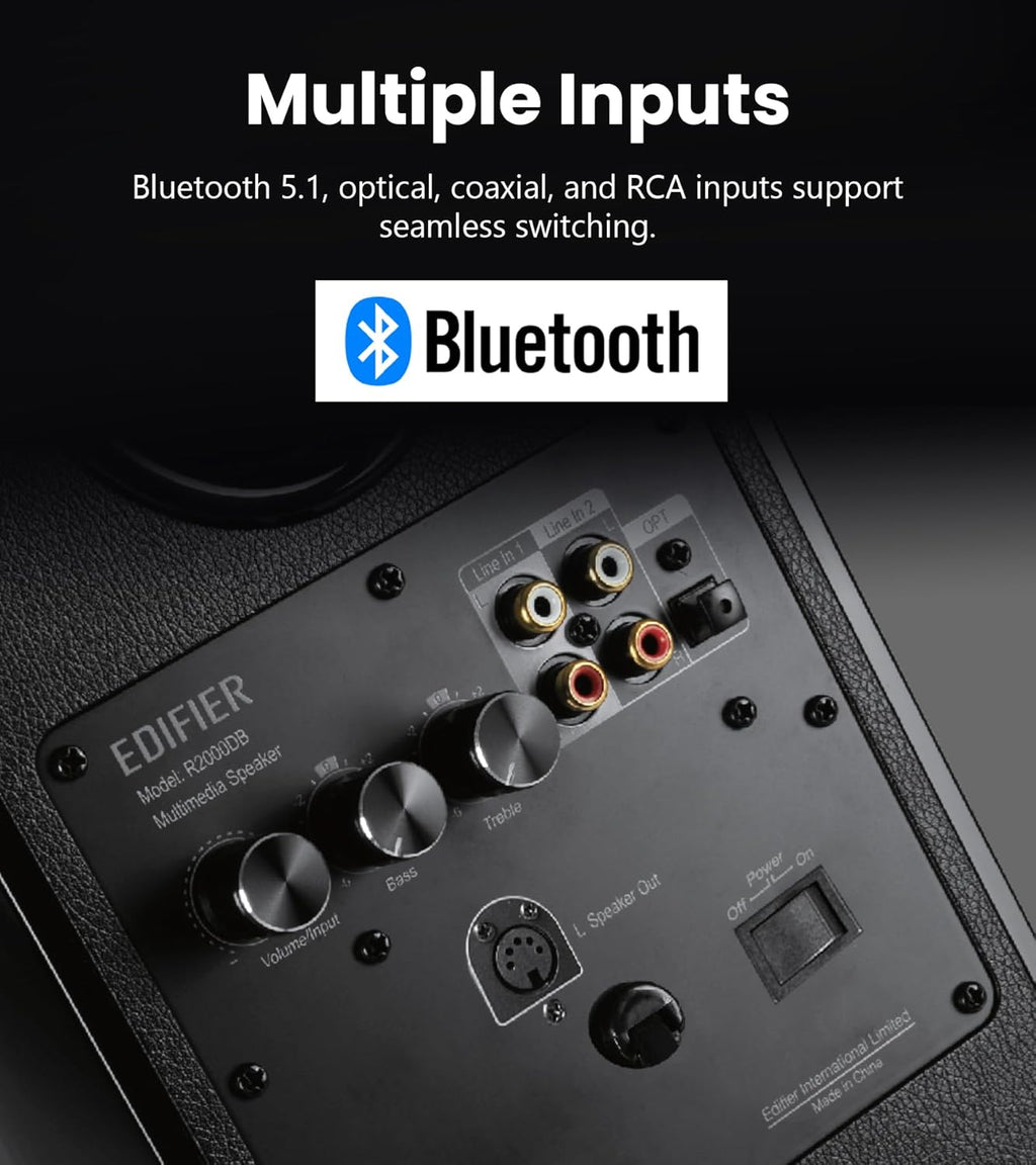 Edifier R2000DB Powered Bluetooth Bookshelf Speakers - Near-Field Studio Monitors - Optical Input - 120 Watts RMS (Black)