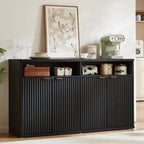 LEYAOYAO Fluted Buffet Cabinet with Storage, 55" Wide Wood Sideboard Credenza with 4 Doors & Open Storage Shelf, Modern Kitchen Console Accent Cabinets, Coffee Bar Table for Dining Room, Black Oak