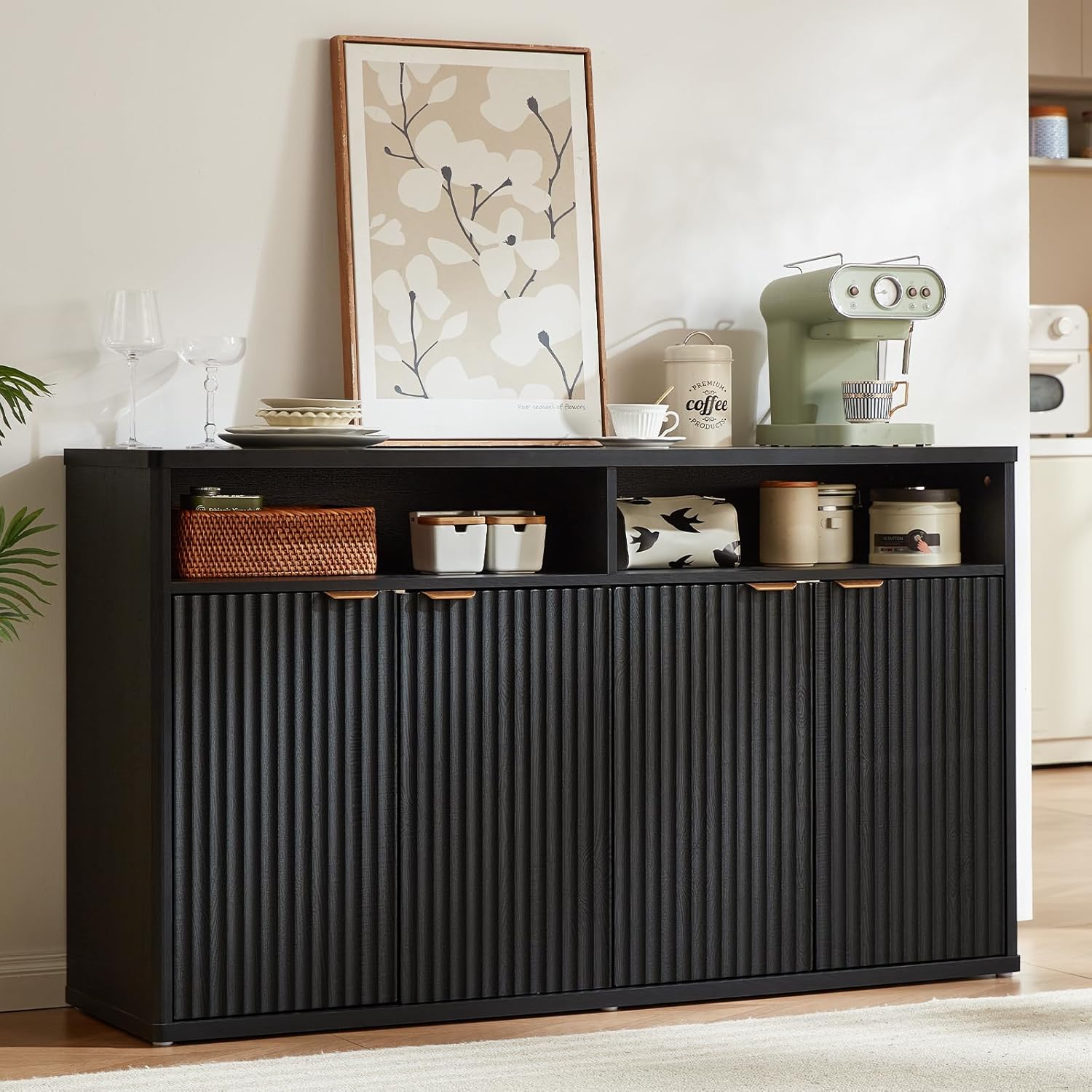 LEYAOYAO Fluted Buffet Cabinet with Storage, 55" Wide Wood Sideboard Credenza with 4 Doors & Open Storage Shelf, Modern Kitchen Console Accent Cabinets, Coffee Bar Table for Dining Room, Black Oak