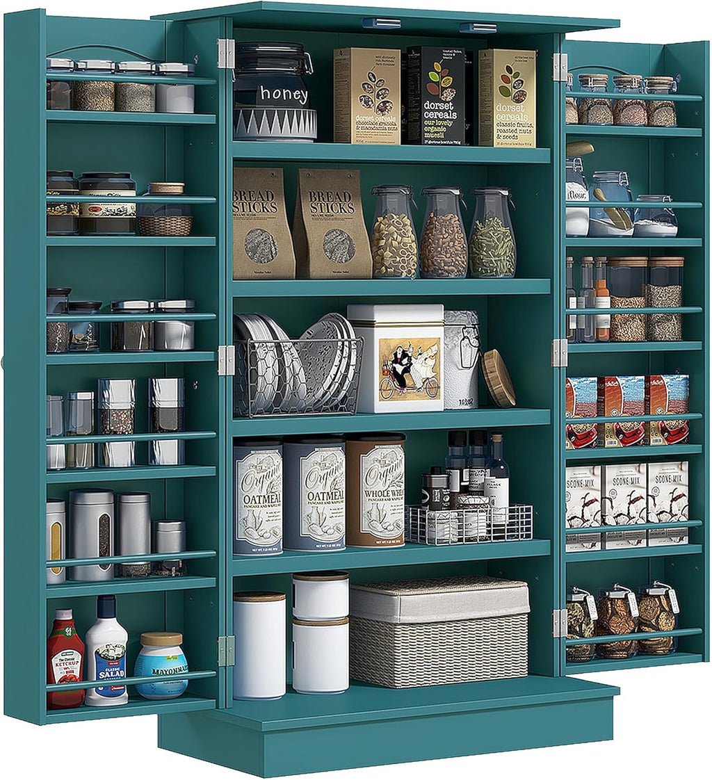 HOMCOM 41" Kitchen Pantry Storage Cabinet, Freestanding Kitchen Cabinet with 12 Door Shelves, Double Doors, 5-Tier Shelving and Adjustable Shelves, Blue