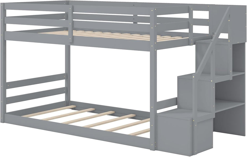 KOMFOTT Wood Twin Over Twin Low Bunk Bed with Storage Staircase, Wooden Bunk Bed Frame with Full-Length Guardrails, Low Profile Kids Bed with Slats Support, No Box Spring Needed (Grey)