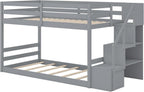 KOMFOTT Wood Twin Over Twin Low Bunk Bed with Storage Staircase, Wooden Bunk Bed Frame with Full-Length Guardrails, Low Profile Kids Bed with Slats Support, No Box Spring Needed (Grey)