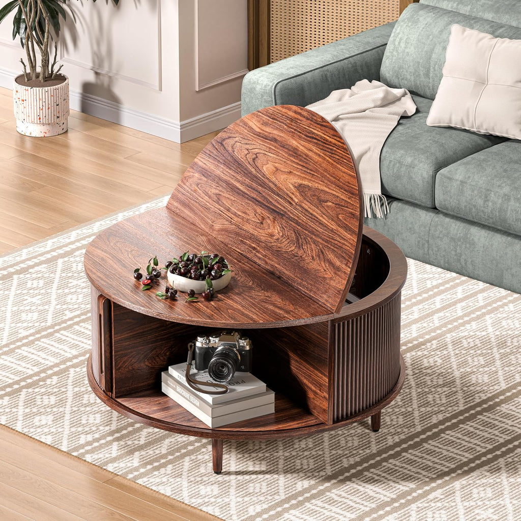 Round Coffee Table, 31.5" Fluted Center Table with Storage, Lift-Top Coffee Table with Adjustable Footpads, Sliding Door, Mid-Century Modern Center Table for Living Room, Small Space (Warm Walnut)