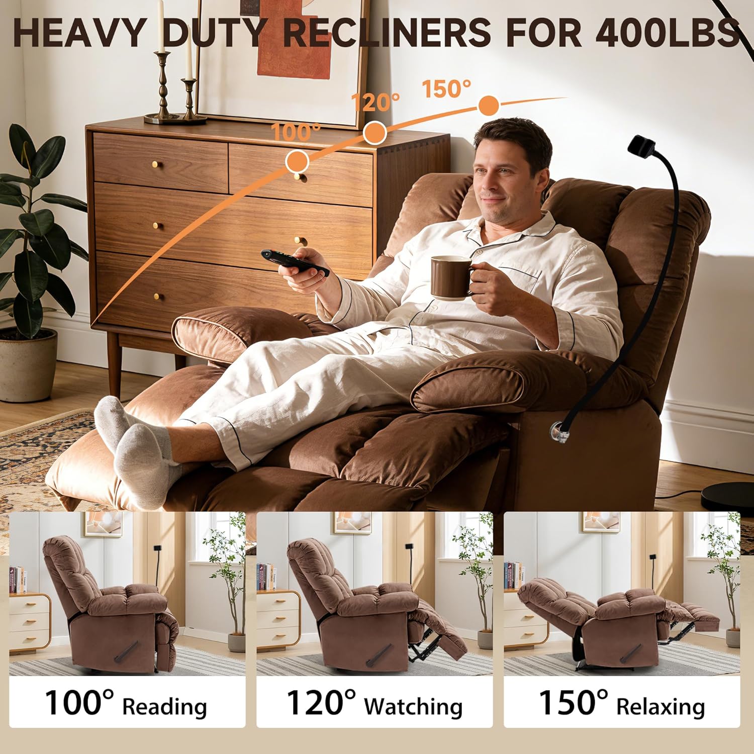Euthymia Oversized Recliner Chair, Heavy Duty Recliner Chairs for Adults 400LBS, Large Recliner Chair, Extra Wide Recliners for Living Room, Brown