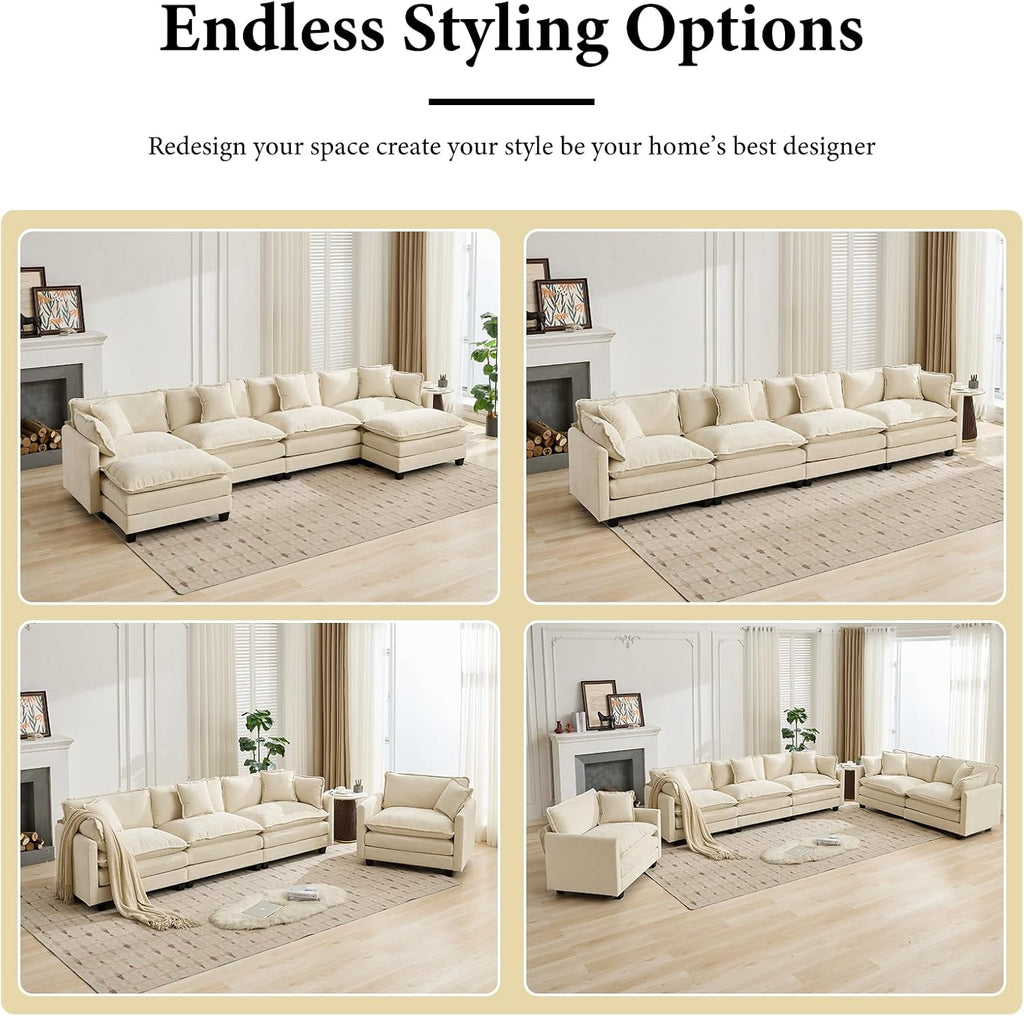 111.5" Beige Modular Sectional Sofa, 3 Seater Large Sectional Couches for Living Room, Ivory Off-White Chenille Fabric Oversized Cloud Couch with Ottoman, Modern Sofas Set, Sofas para Sala, L Shaped