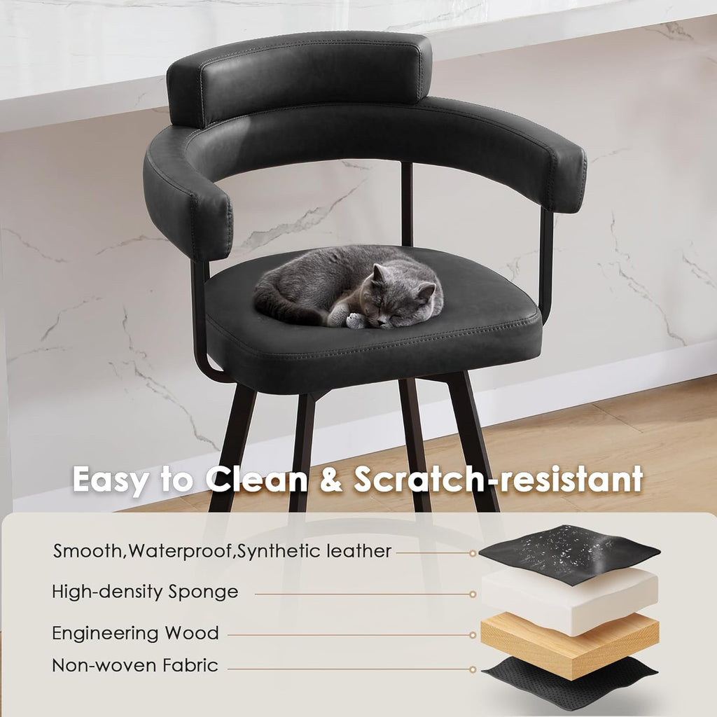 26'' Swivel Counter Height Stools with Round Back, Faux Leather Upholstered Bar Stools with Metal Legs, Armrest, Modern Counter Stools for Kitchen Island, Dining Room (Black, Set of 2)