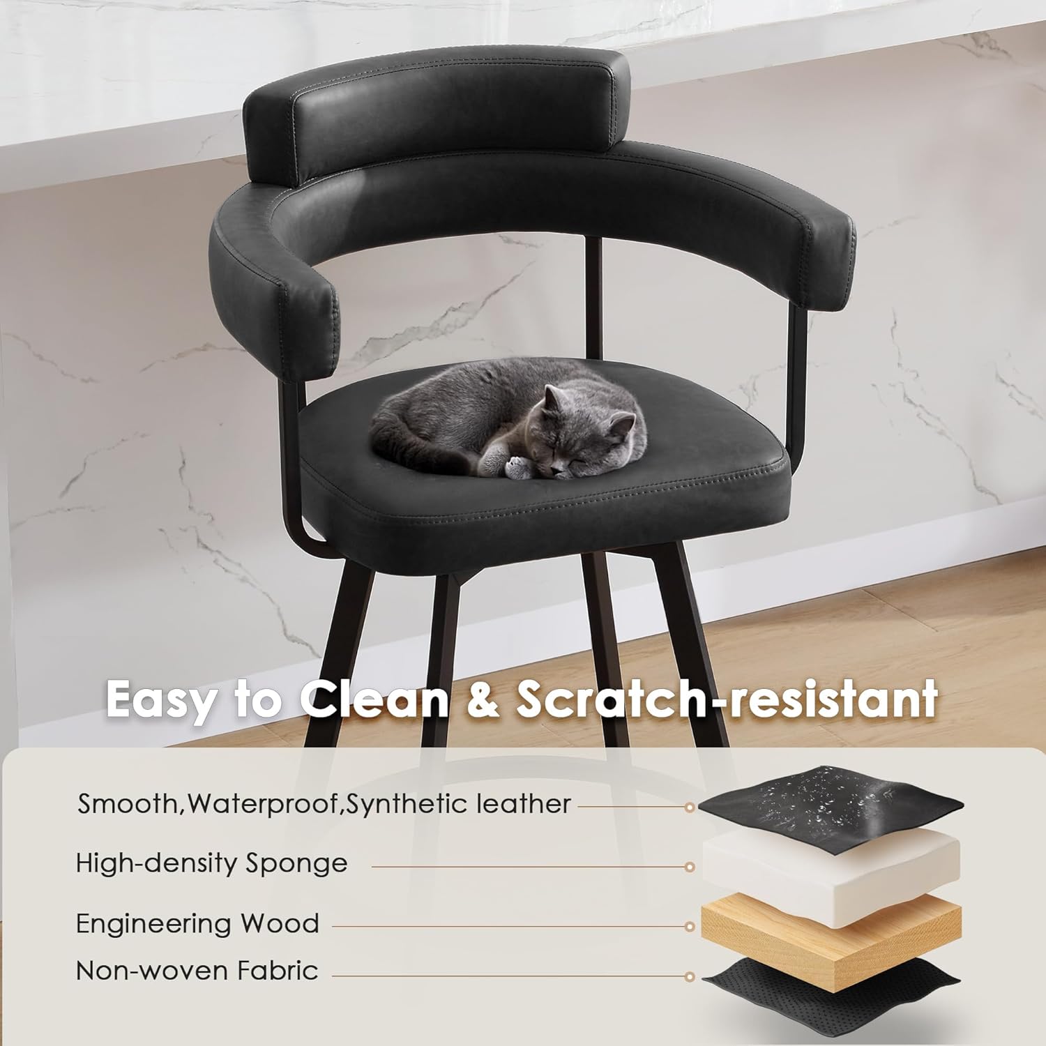 26'' Swivel Counter Height Stools with Round Back, Faux Leather Upholstered Bar Stools with Metal Legs, Armrest, Modern Counter Stools for Kitchen Island, Dining Room (Black, Set of 2)