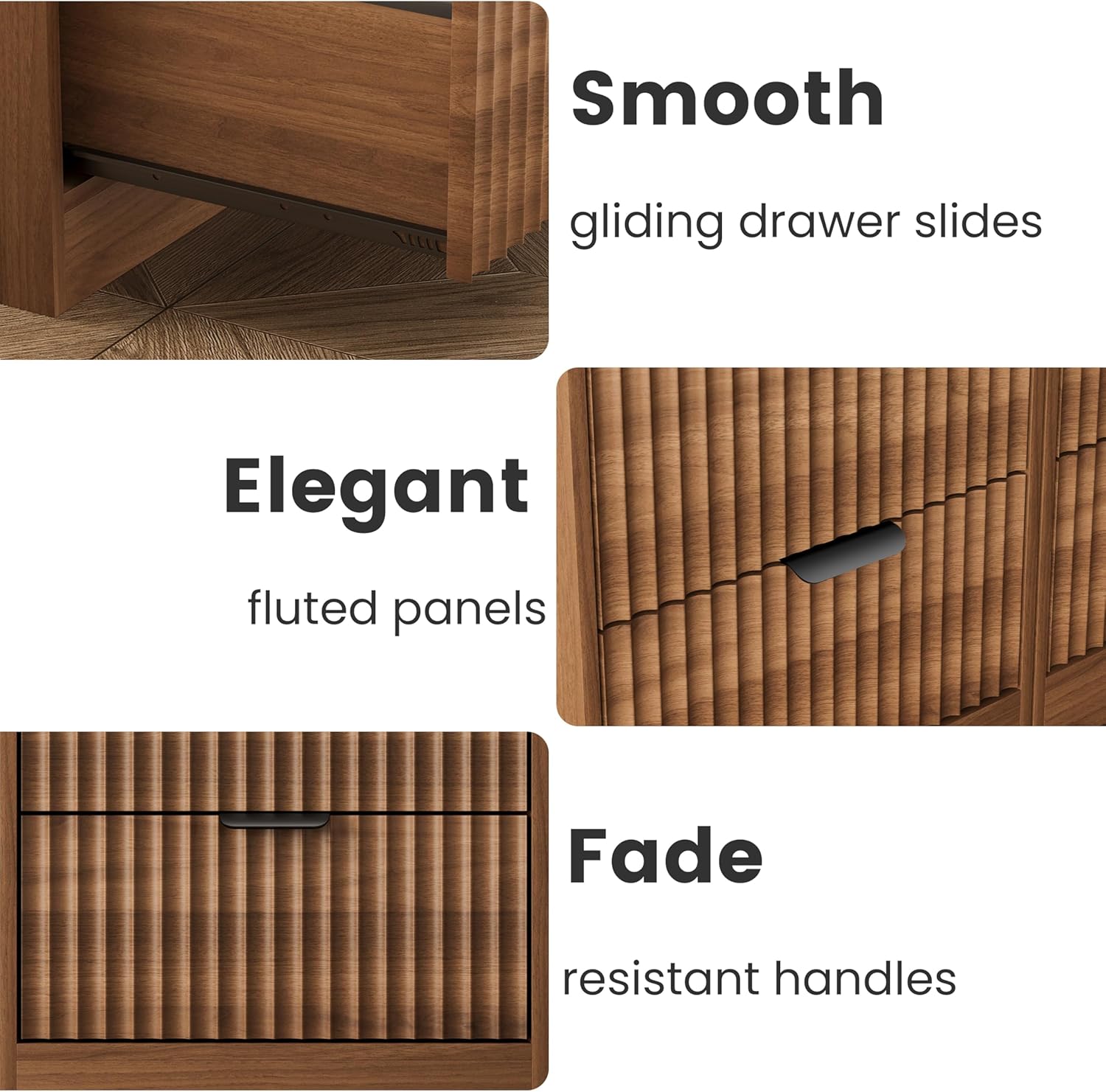 LED Nightstand with Charging Station, Fluted Nightstand Set of 2, Wood Nightstands with 2 Drawers & Metal Handles, Modern Bedside Table & End Tables, Farmhouse Night Stands for Bedroom, Walnut