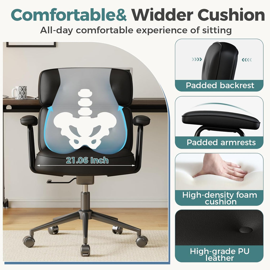 OLIXIS Ergonomic Home Office Desk Chair, PU Leather Computer Chair with Lumbar Support Adjustable Height Rolling Swivel Executive Task Armrests Chair, Inky