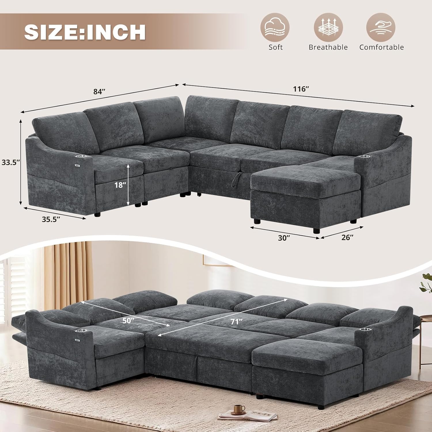 116" Chenille Modular Sofa Bed w/Adjustable Backrests, U-Shape Sleeper Sofa w/USB Ports & Storage Space, Convertible Corner Sectional Couch w/Pull Out Bed for House, Living Room, Grey