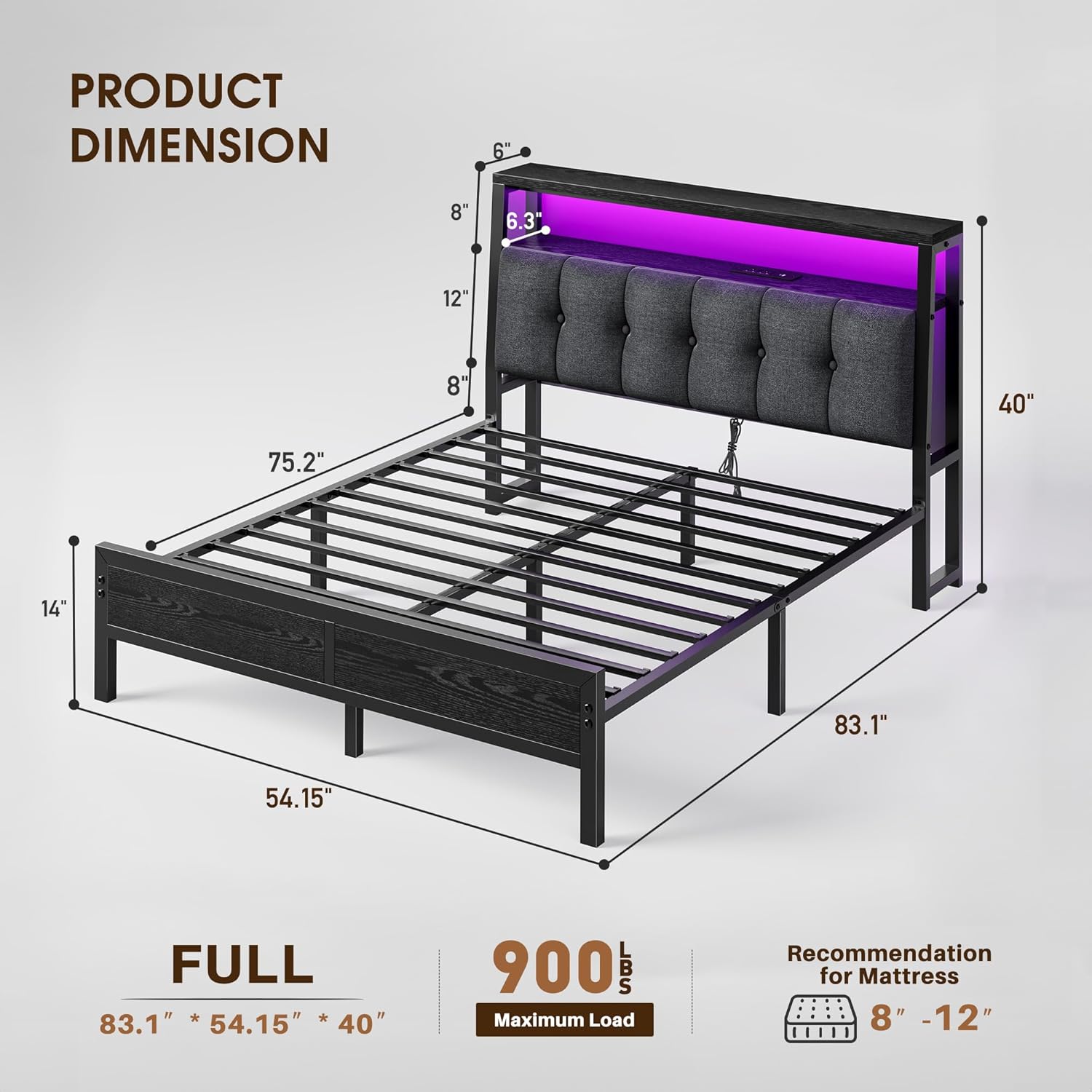 Full Size Bed Frame Smart RGB LED Lights, Grey Upholstered Headboard with Charging Station Type C&2-Tier Storage Shelves,12" Under-Bed Storage, Noise-Free,Easy Assembly,Black