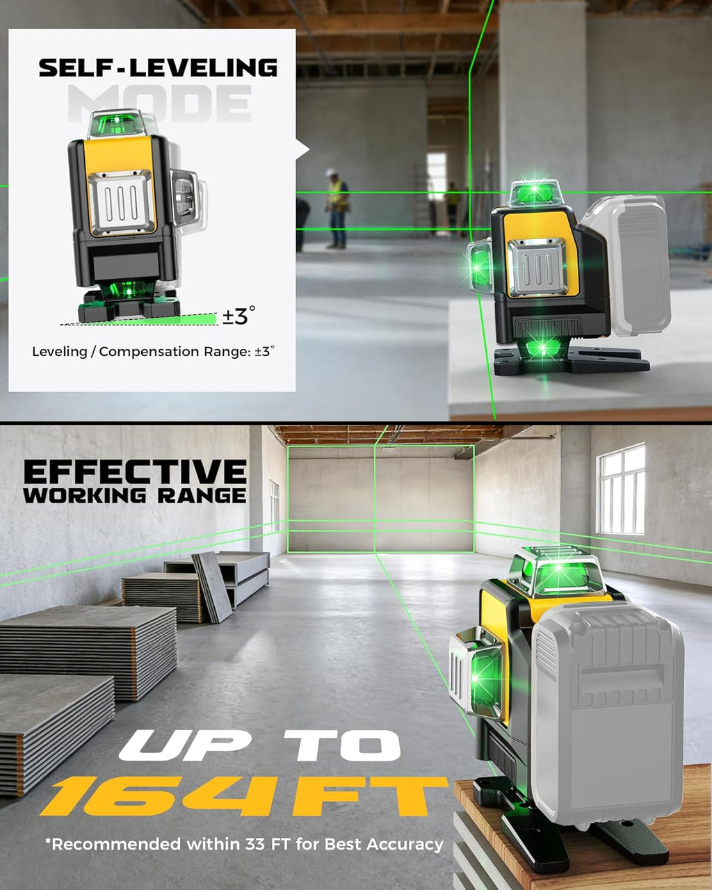 DIYtoolifz Laser Level Compatible with DeWalt 20V Battery, 4D 4x360° Self Leveling, 4 Way Green 16-Line Lazer Leveler Tool for Construction Project, Floor Tile, Home Renovation, Indoor Use, NO Battery
