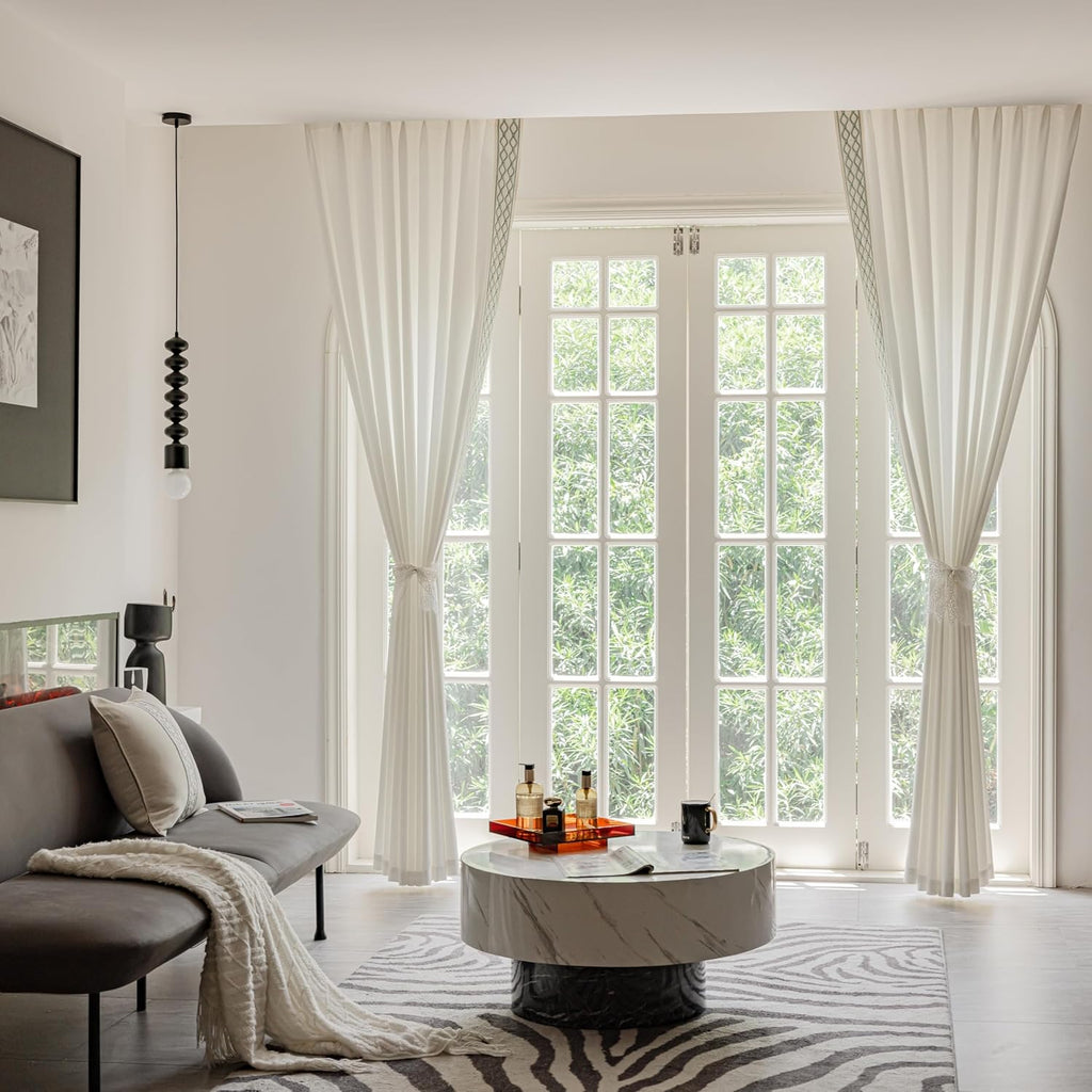 White Colour Linen Curtain Panels with Embroidered Trim Design, Pinch Pleat Curtains, Semi-Sheer Curtains for Sliding Patio Doors Bedroom (2 Panels) (50W x 108L)